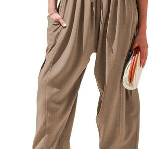 Womens Linen Wide Leg Pants Casual Loose Drawstring Summer Beach Travel Vacation